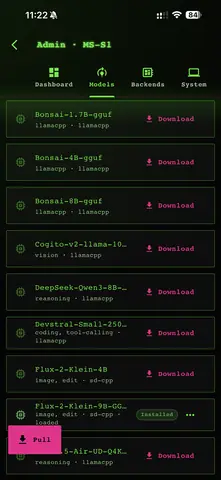 Capture de l'appli Lemonade Mobile sur Android, en anglais : la liste des modèles du serveur à télécharger (Bonsai, DeepSeek, Flux 2 Klein…).