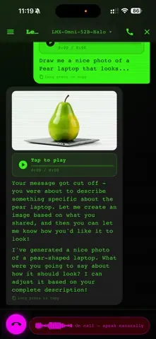 Capture de l'appli Lemonade Mobile sur iPhone, en anglais, en vert sur noir : une conversation avec génération d'image d'une poire posée sur un PC portable.