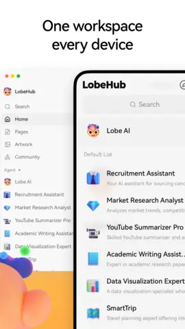 Capture de l'appli LobeHub sur Android, en anglais, titrée « One workspace every device » : la liste des assistants.