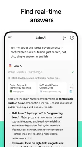 Capture de l'appli LobeHub sur Android, en anglais, titrée « Find real-time answers » : une recherche en ligne sur la fusion nucléaire, avec ses sources.