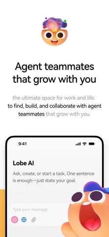Visuel de l'appli LobeHub sur iPhone, en anglais, titré « Agent teammates that grow with you » : la mascotte de LobeHub et le champ de saisie de Lobe AI.