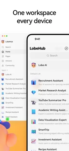 Capture de l'appli LobeHub sur iPhone, en anglais, titrée « One workspace every device » : la liste des assistants (recrutement, études de marché, résumé YouTube…).