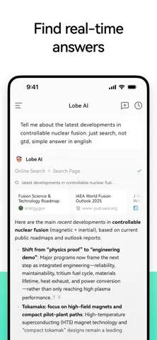 Capture de l'appli LobeHub sur iPhone, en anglais, titrée « Find real-time answers » : une recherche en ligne sur la fusion nucléaire, avec ses sources.