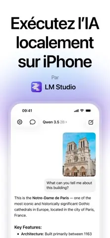 Capture de l'appli Locally AI sur iPhone, titrée « Exécutez l'IA localement sur iPhone » : le modèle Qwen 3.5 2B décrit une photo de Notre-Dame de Paris.