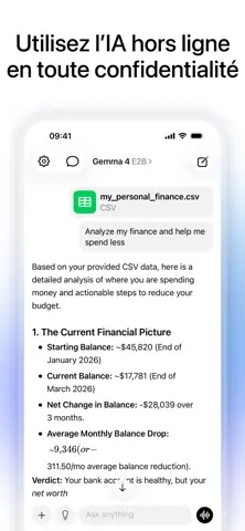 Capture de l'appli Locally AI sur iPhone, titrée « Utilisez l'IA hors ligne en toute confidentialité » : l'analyse d'un fichier de dépenses par Gemma 4.