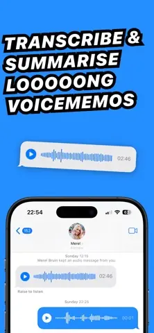 Capture de l'appli Whisper Transcription (MacWhisper) sur iPhone, en anglais, titrée « Transcribe & summarise looooong voicememos » : des messages vocaux reçus.