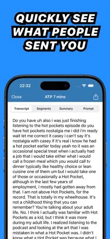 Capture de l'appli Whisper Transcription (MacWhisper) sur iPhone, en anglais, titrée « Quickly see what people sent you » : la transcription d'un enregistrement de sept minutes.
