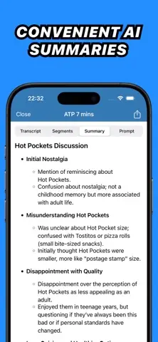 Capture de l'appli Whisper Transcription (MacWhisper) sur iPhone, en anglais, titrée « Convenient AI summaries » : le résumé structuré d'un enregistrement.