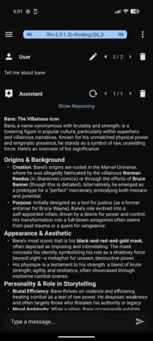 Capture de l'appli Maid sur Android, en anglais : une réponse détaillée du modèle LFM 2.5 1.2B Thinking, avec le bouton pour voir son raisonnement.