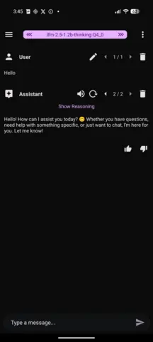 Capture de l'appli Maid sur Android, en anglais : un échange de salutations avec le modèle local.