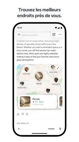 Capture de l'appli Meta AI sur Android, titrée « Trouvez les meilleurs endroits près de vous » : une carte de cafés, en anglais.