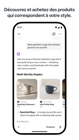 Capture de l'appli Meta AI sur Android, titrée « Découvrez et achetez des produits qui correspondent à votre style » : une sélection de tasses.