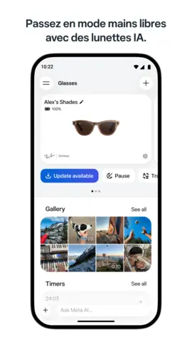 Capture de l'appli Meta AI sur Android, titrée « Passez en mode mains libres avec des lunettes IA » : la page des lunettes connectées.