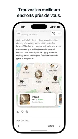 Capture de l'appli Meta AI sur iPhone, titrée « Trouvez les meilleurs endroits près de vous » : une carte de cafés et la fiche de l'un d'eux, en anglais.