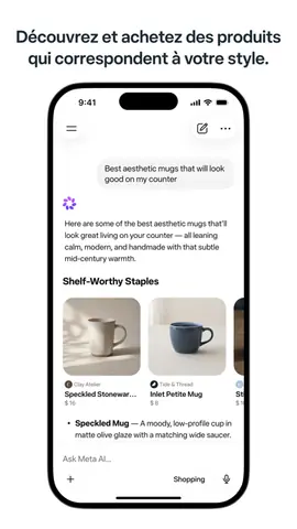 Capture de l'appli Meta AI sur iPhone, titrée « Découvrez et achetez des produits qui correspondent à votre style » : une sélection de tasses.