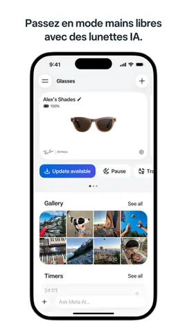 Capture de l'appli Meta AI sur iPhone, titrée « Passez en mode mains libres avec des lunettes IA » : la page des lunettes connectées et leur galerie.