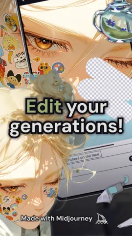 Visuel de l'appli niji·journey sur Android, en anglais, titré « Edit your generations! » : une illustration de style manga, avec la mention Made with Midjourney.