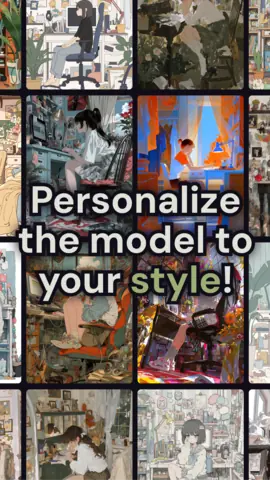 Visuel de l'appli niji·journey sur Android, en anglais, titré « Personalize the model to your style! » : une mosaïque d'illustrations.