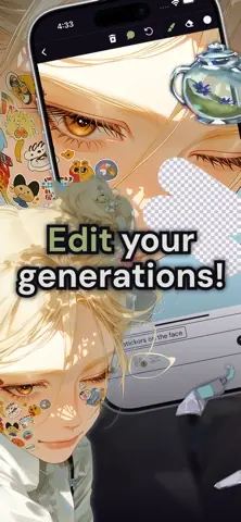 Visuel de l'appli niji·journey sur iPhone, en anglais, titré « Edit your generations! » : une illustration de style manga en cours de retouche.