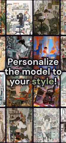 Visuel de l'appli niji·journey sur iPhone, en anglais, titré « Personalize the model to your style! » : une mosaïque d'illustrations dans un même style.