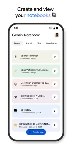 Capture de l'appli Gemini Notebook sur Android, en anglais, titrée « Create and view your notebooks » : la liste des carnets.