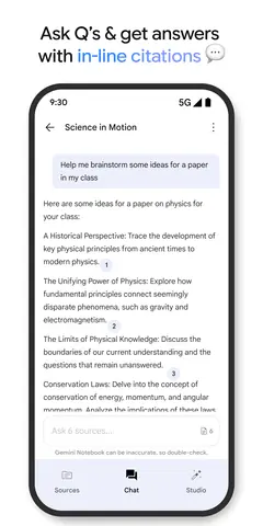 Capture de l'appli Gemini Notebook sur Android, en anglais, titrée « Ask Q's & get answers with in-line citations » : une réponse avec ses renvois numérotés aux sources.