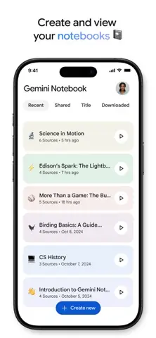 Capture de l'appli Gemini Notebook sur iPhone, en anglais, titrée « Create and view your notebooks » : la liste des carnets et de leurs sources.