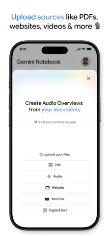 Capture de l'appli Gemini Notebook sur iPhone, en anglais, titrée « Upload sources like PDFs, websites, videos & more » : l'ajout de sources pour un résumé audio.