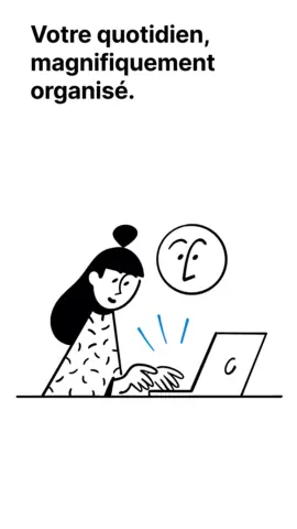 Visuel de l'appli Notion sur Android, titré « Votre quotidien, magnifiquement organisé » : un dessin d'une personne devant un PC portable.