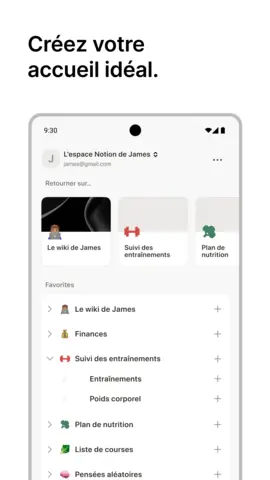 Capture de l'appli Notion sur Android, titrée « Créez votre accueil idéal » : l'accueil d'un espace personnel et ses favoris.