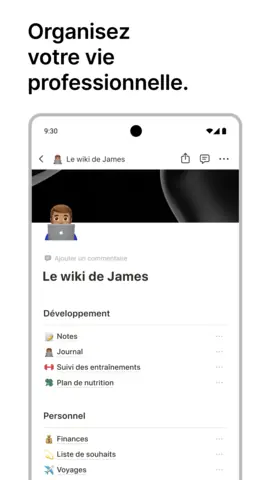 Capture de l'appli Notion sur Android, titrée « Organisez votre vie professionnelle » : un wiki personnel avec ses pages.