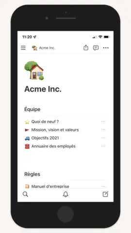 Capture de l'appli Notion sur iPhone : l'espace d'une entreprise fictive, avec ses pages d'équipe et de règles.