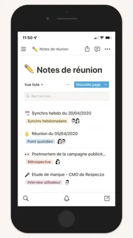 Capture de l'appli Notion sur iPhone : une base de notes de réunion, avec le type de chaque réunion.