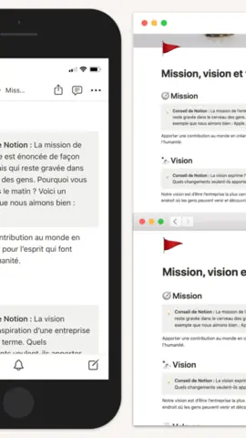 Capture de l'appli Notion sur iPhone et sur ordinateur : une page « Mission, vision et valeurs ».