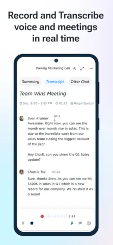 Capture de l'appli Otter sur Android, en anglais, titrée « Record and Transcribe voice and meetings in real time » : la transcription d'une réunion.