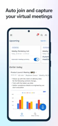 Capture de l'appli Otter sur Android, en anglais, titrée « Auto join and capture your virtual meetings » : les réunions à venir et un résumé.