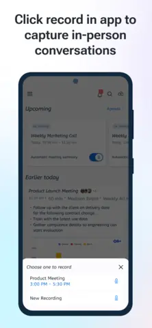 Capture de l'appli Otter sur Android, en anglais, titrée « Click record in app to capture in-person conversations » : le choix d'une réunion à enregistrer.