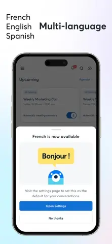 Capture de l'appli Otter sur iPhone, titrée « Multi-language » : l'annonce que le français est disponible pour les conversations.