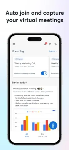 Capture de l'appli Otter sur iPhone, en anglais, titrée « Auto join and capture your virtual meetings » : les réunions à venir et le résumé d'une réunion passée.