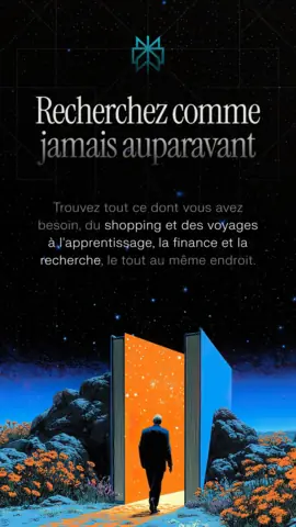 Visuel de l'appli Perplexity sur Android : une silhouette devant une porte ouverte sur un paysage, et le titre « Recherchez comme jamais auparavant ».