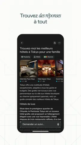 Capture de l'appli Perplexity sur Android, titrée « Trouvez des réponses à tout » : une recherche d'hôtels à Tokyo avec des photos.