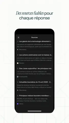 Capture de l'appli Perplexity sur Android, titrée « Des sources fiables pour chaque réponse » : la liste des sources d'une réponse sur la Bourse.