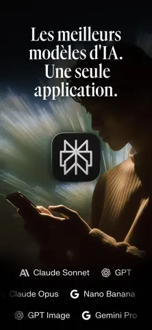 Visuel de l'appli Perplexity sur iPhone : son logo et le slogan « Les meilleurs modèles d'IA. Une seule application. », avec les noms Claude, GPT, Nano Banana et Gemini.
