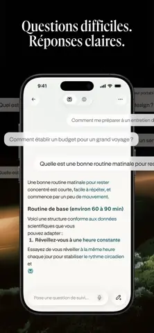 Capture de l'appli Perplexity sur iPhone, titrée « Questions difficiles. Réponses claires. » : une réponse sur une routine matinale.