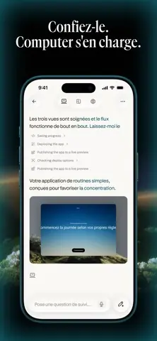 Capture de l'appli Perplexity sur iPhone, titrée « Confiez-le. Computer s'en charge. » : une tâche menée de bout en bout, étape par étape.