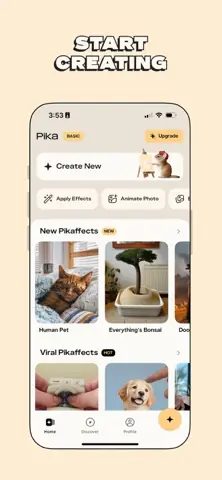 Capture de l'appli Pika sur iPhone, en anglais, titrée « Start creating » : l'accueil avec les effets Pikaffects à appliquer à une photo.