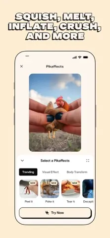 Capture de l'appli Pika sur iPhone, en anglais, titrée « Squish, melt, inflate, crush, and more » : le choix d'un effet pour animer la photo d'un poulet.