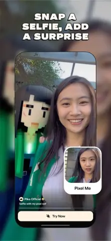 Capture de l'appli Pika sur iPhone, en anglais, titrée « Snap a selfie, add a surprise » : un selfie à côté de son double en pixel art.