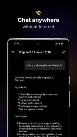 Capture de l'appli PocketPal AI sur Android, en anglais, titrée « Chat anywhere without Internet » : une recette demandée à un modèle local.