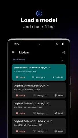 Capture de l'appli PocketPal AI sur Android, en anglais, titrée « Load a model and chat offline » : la liste des modèles installés, avec leur taille.